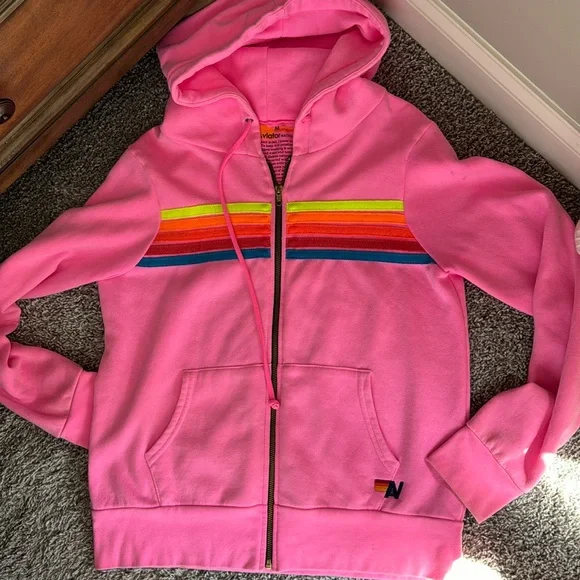 Aviator Nation - 5 STRIPE Zip up HOODIE - NEON PINK Sold out online - Size M - Picture 2 of 4